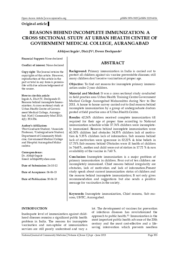 (PDF) REASONS BEHIND INCOMPLETE IMMUNIZATION: A CROSS SECTIONAL STUDY ...