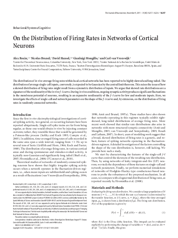 (PDF) On the Distribution of Firing Rates in Networks of Cortical Neurons