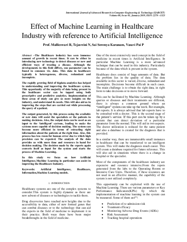 (PDF) Effect of Machine Learning in Healthcare Industry with reference ...