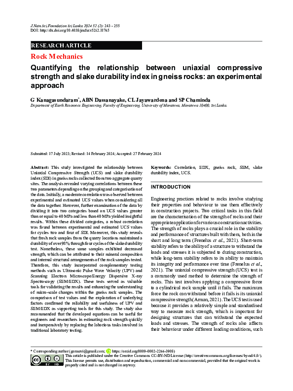 (PDF) Rock Mechanics Quantifying the relationship between uniaxial ...