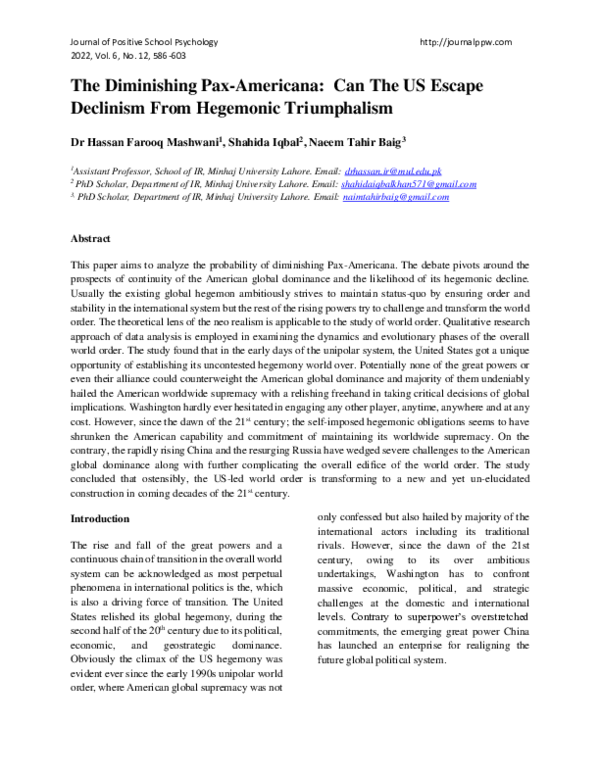 (PDF) The Diminishing Pax-Americana: Can The US Escape Declinism From ...