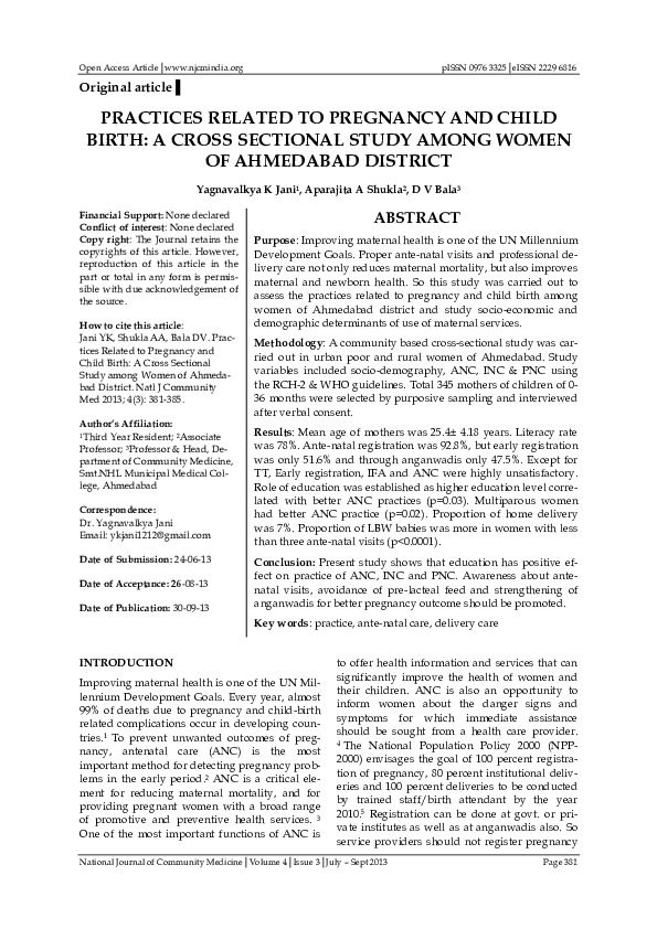 (PDF) PRACTICES RELATED TO PREGNANCY AND CHILD BIRTH: A CROSS SECTIONAL ...