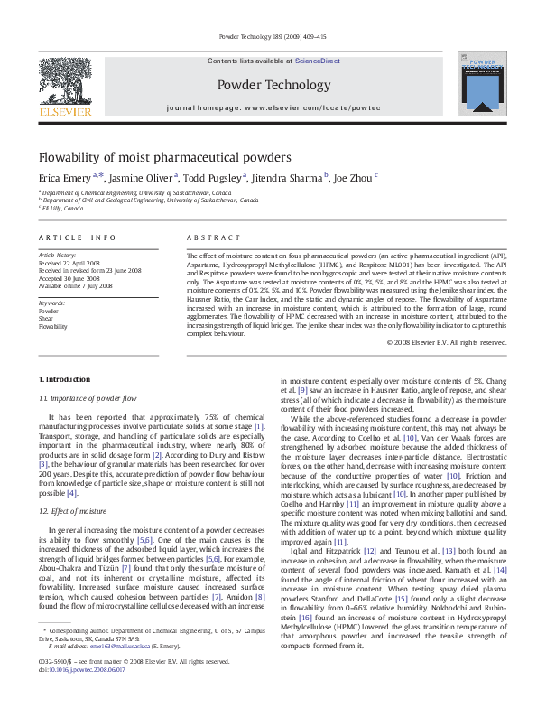 (PDF) Flowability of moist pharmaceutical powders