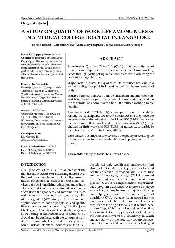 (PDF) A STUDY ON QUALITY OF WORK LIFE AMONG NURSES IN A MEDICAL COLLEGE ...