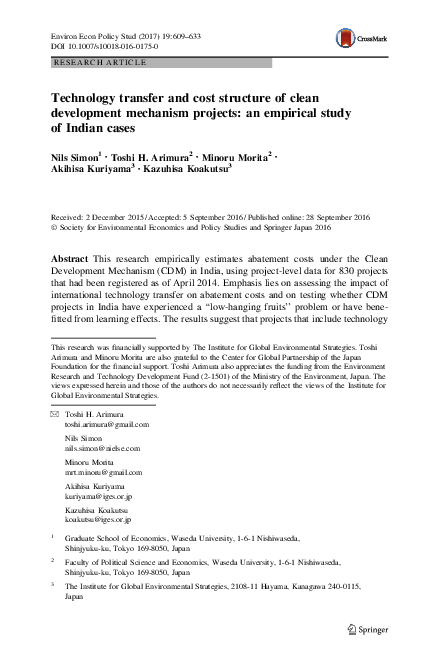 (PDF) Technology Transfer and Cost Structure of Clean Development ...