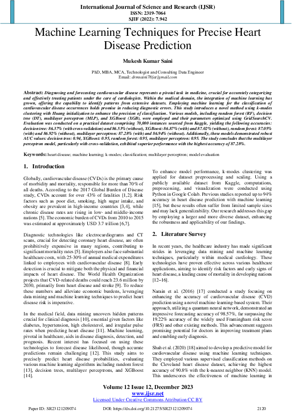 (PDF) Machine Learning Techniques for Precise Heart Disease Prediction