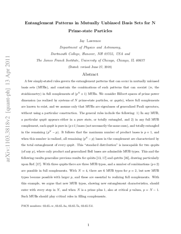 (PDF) Entanglement patterns in mutually unbiased basis sets