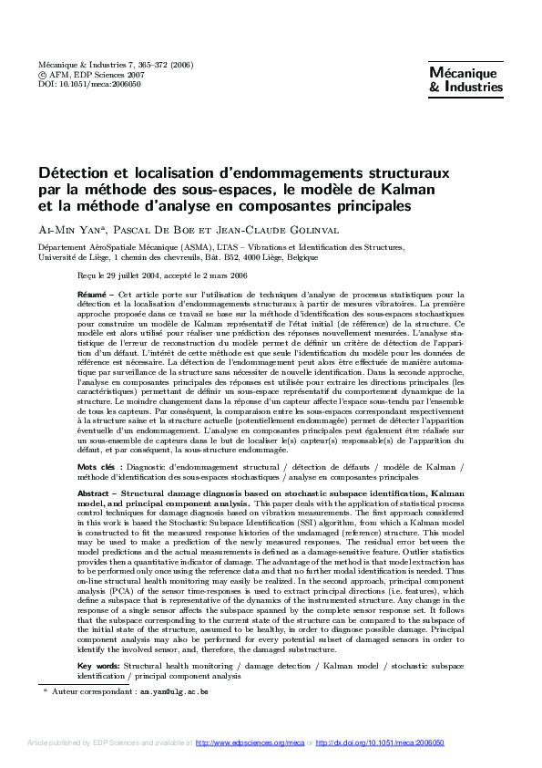 (PDF) Détection et localisation d'endommagements structuraux par la ...