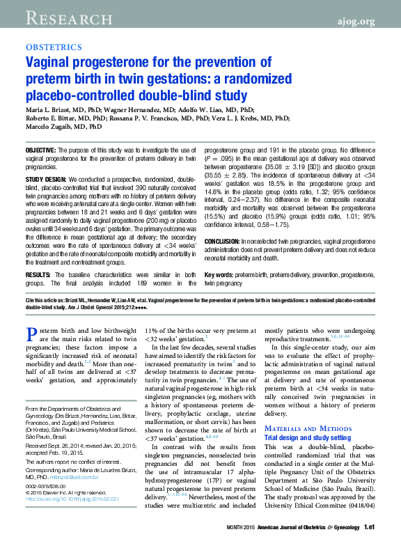 (PDF) Vaginal progesterone for the prevention of preterm birth in twin ...