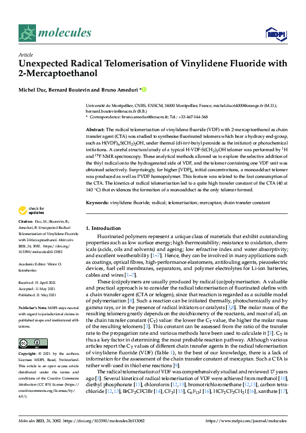 (PDF) Unexpected Radical Telomerisation of Vinylidene Fluoride with 2 ...