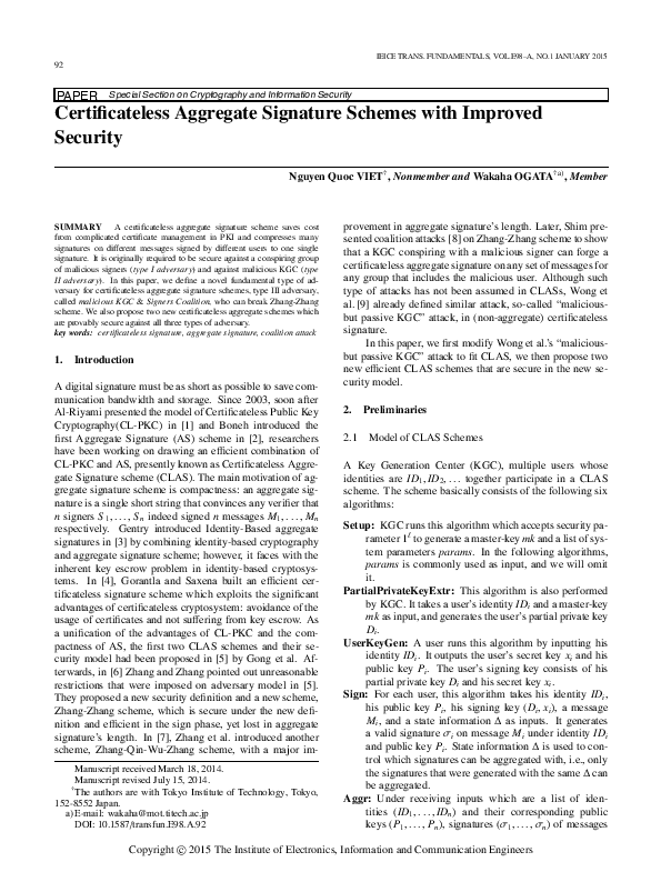 (PDF) Certificateless aggregate signature scheme secure against fully ...