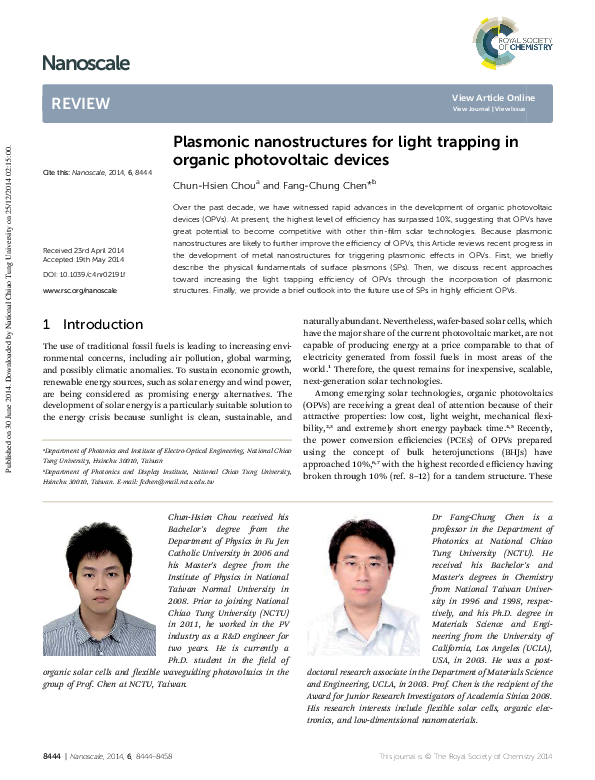 (PDF) Plasmonic nanostructures for light trapping in organic ...