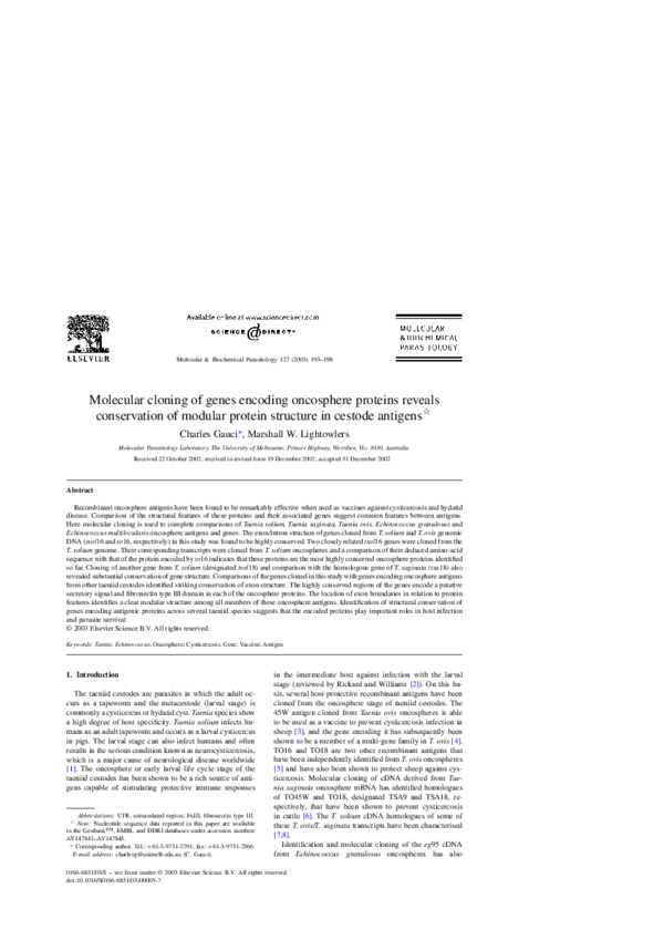 (PDF) Molecular cloning of genes encoding oncosphere proteins reveals ...