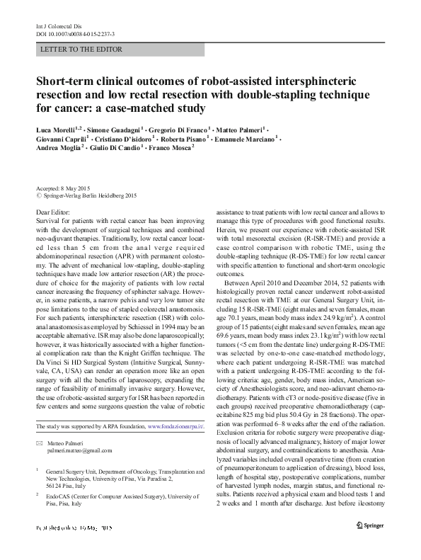 (PDF) Short-term clinical outcomes of robot-assisted intersphincteric ...