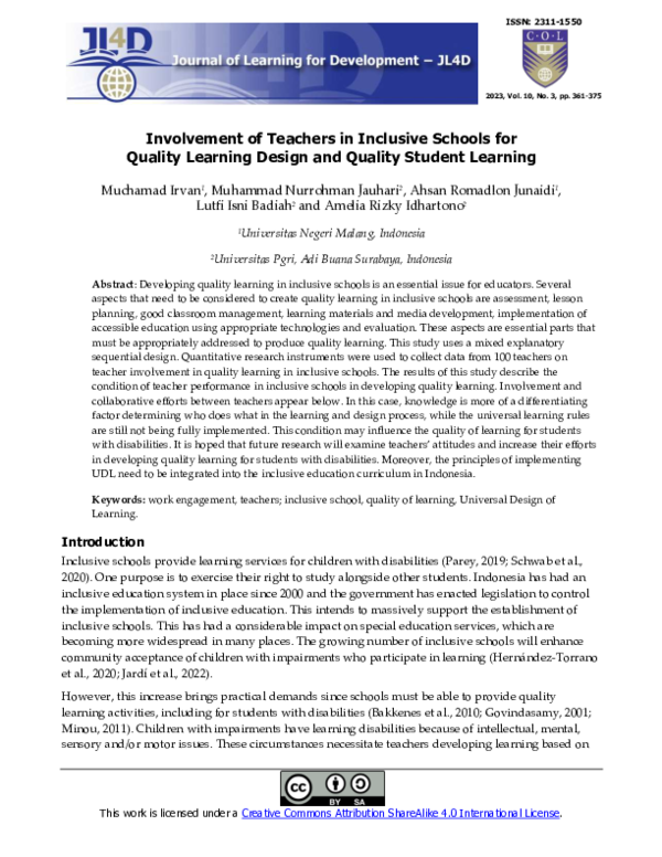(PDF) Involvement of Teachers in Inclusive Schools for Quality Learning ...