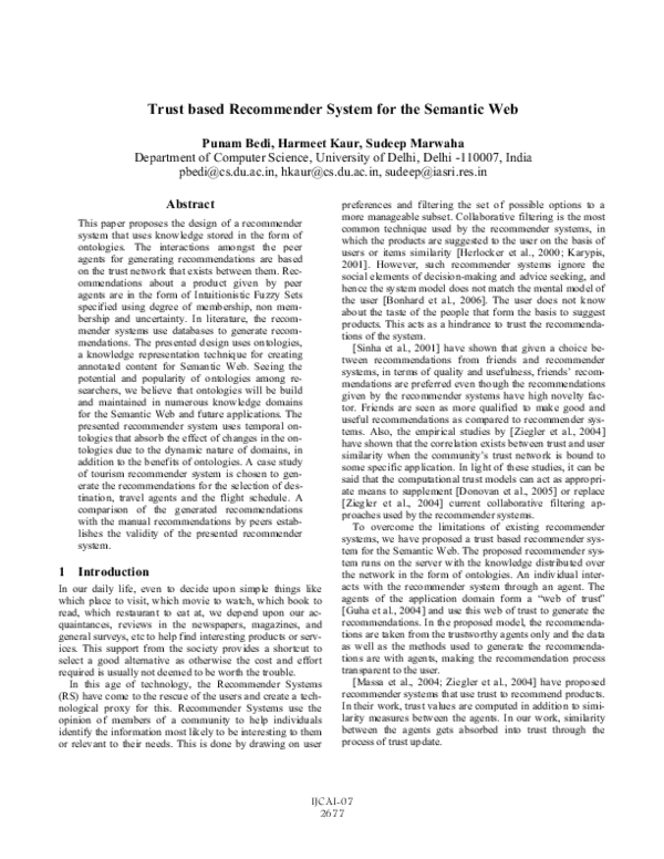 (PDF) Trust Based Recommender System for the Semantic Web, Proc. IJCAI'07