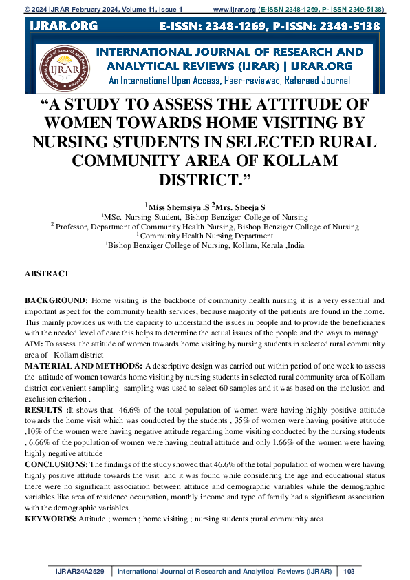 (PDF) "A STUDY TO ASSESS THE ATTITUDE OF WOMEN TOWARDS HOME VISITING BY ...