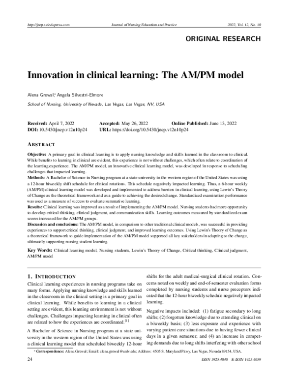 (PDF) Innovation in clinical learning: The AM/PM model