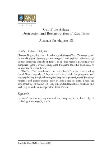 (PDF) Reconciling worlds: the cultural repositioning of East Timorese ...