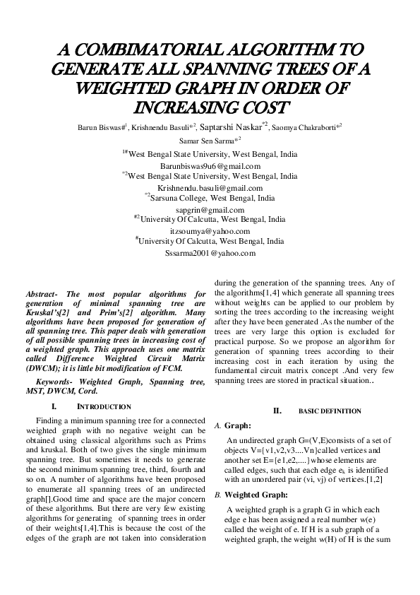 (PDF) A combinatorial algorithm to generate all spanning trees of a ...