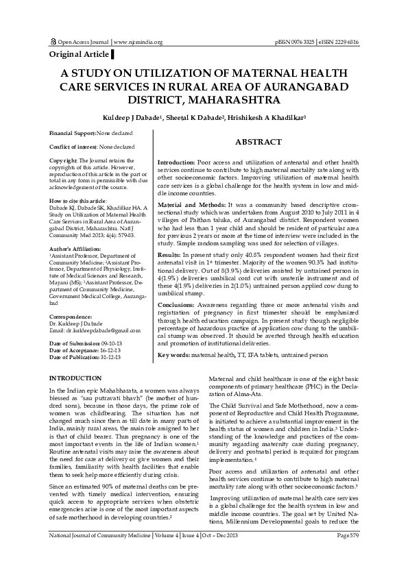 (PDF) A STUDY ON UTILIZATION OF MATERNAL HEALTH CARE SERVICES IN RURAL ...