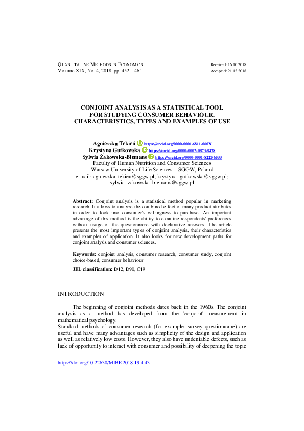 (PDF) Conjoint Analysis as a Statistical Tool for Studying Consumer ...