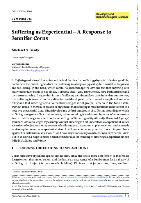 (PDF) Suffering as experiential—A response to Jennifer Corns