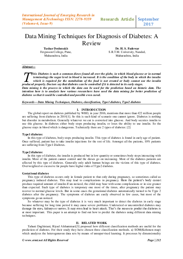 (PDF) Data Mining Techniques for Diagnosis of Diabetes: A Review