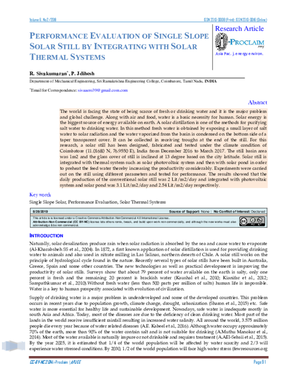 (PDF) Performance Evaluation of Single Slope Solar Still by Integrating ...