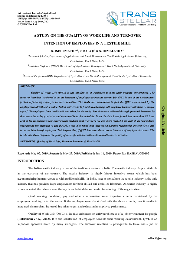 (PDF) A Study on the Quality of Work Life and Turnover Intention of ...