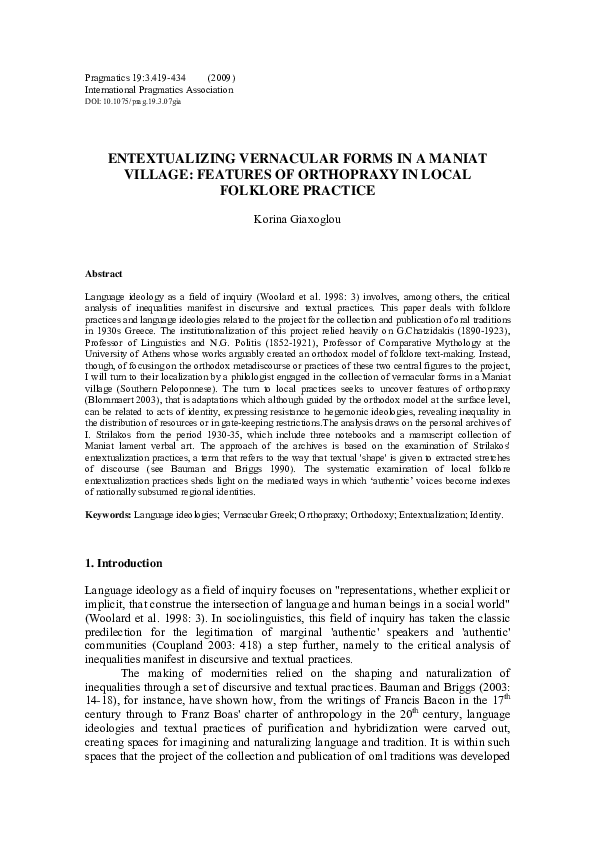 (PDF) Entextualizing vernacular forms in a Maniat village