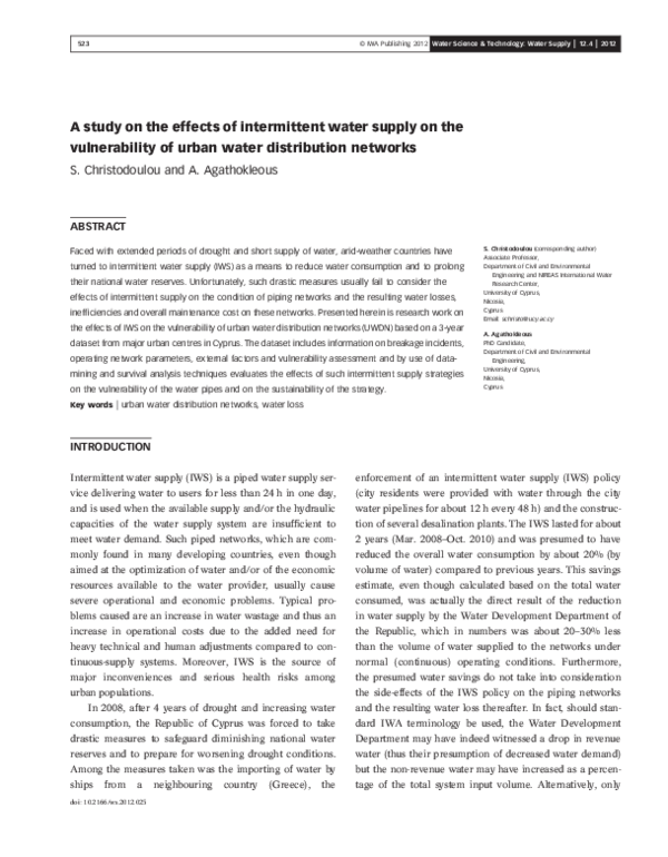 (PDF) A study on the effects of intermittent water supply on the ...