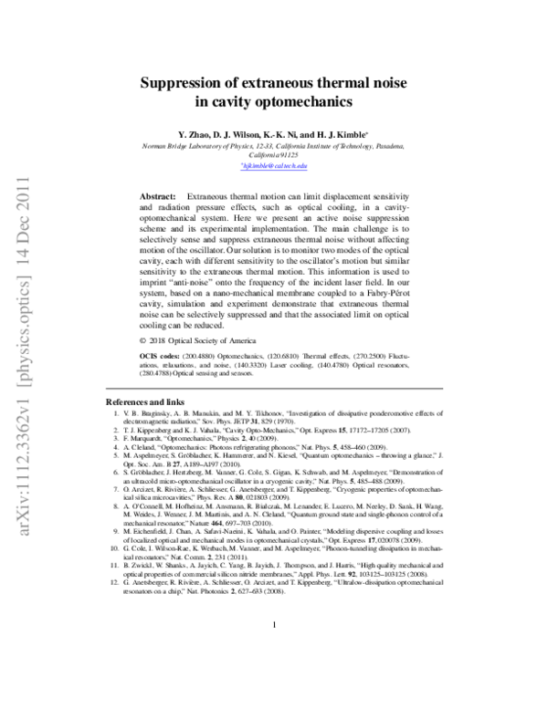 (PDF) Suppression of extraneous thermal noise in cavity optomechanics