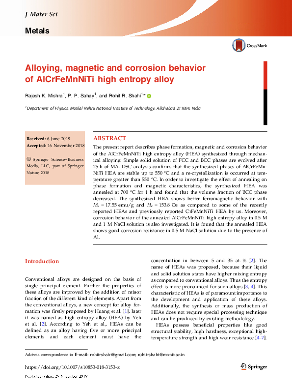 (PDF) Alloying, magnetic and corrosion behavior of AlCrFeMnNiTi high ...