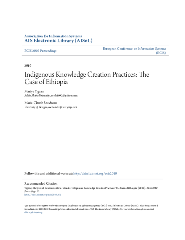 (PDF) Indigenous Knowledge Creation Practices: The Case of Ethiopia