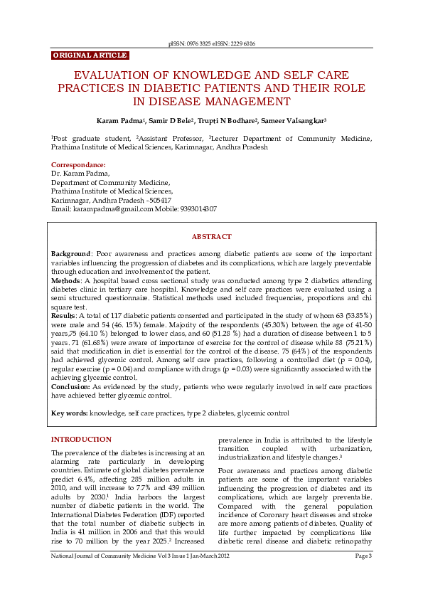 (PDF) EVALUATION OF KNOWLEDGE AND SELF CARE PRACTICES IN DIABETIC ...