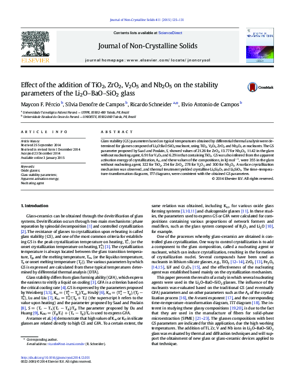 (PDF) Effect of the addition of TiO 2 , ZrO 2 , V 2 O 5 and Nb 2 O 5 on ...