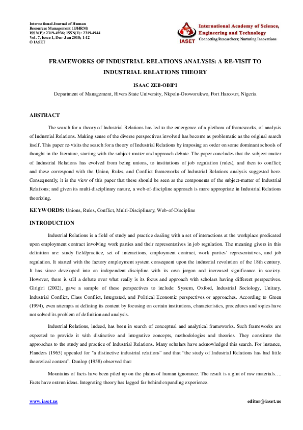 (PDF) FRAMEWORKS OF INDUSTRIAL RELATIONS ANALYSIS: A RE-VISIT TO ...