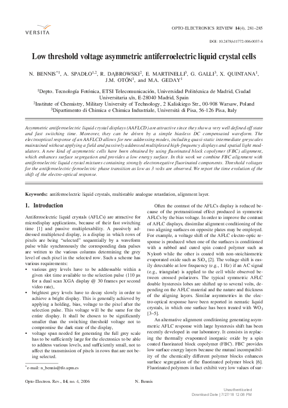 (PDF) Low threshold voltage asymmetric antiferroelectric liquid crystal ...
