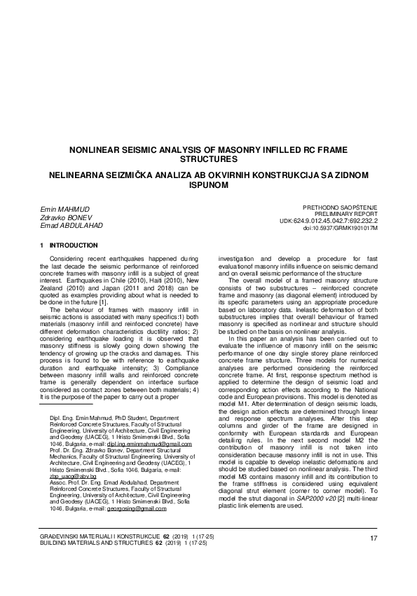 (PDF) Nonlinear seismic analysis of masonry infilled RC frame structures