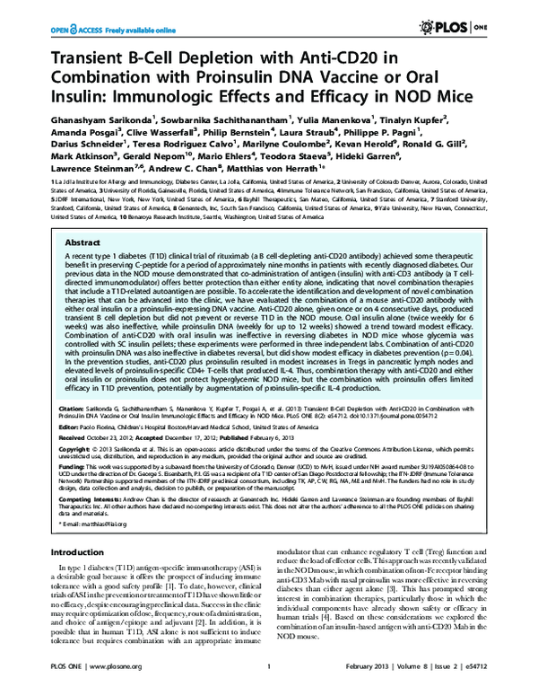 Transient B-Cell Depletion with Anti-CD20 in Combination with Proinsulin DNA Vaccine or Oral Insulin: Immunologic Effects and Efficacy in NOD Mice