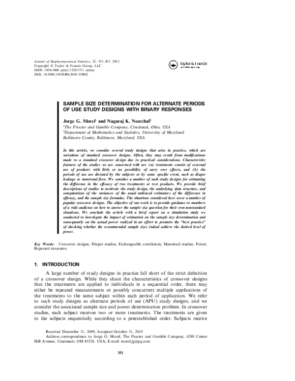 (PDF) Sample Size Determination for Alternate Periods of Use Study ...