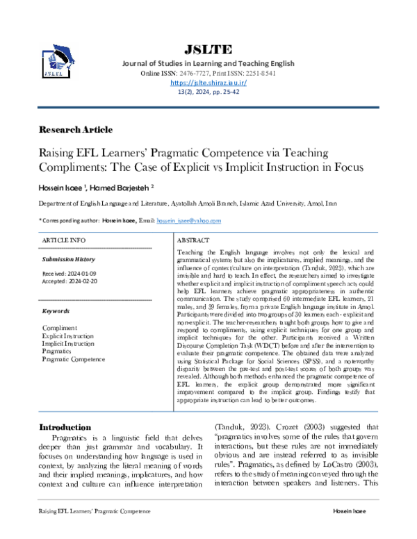 (PDF) Raising EFL Learners' Pragmatic Competence via Teaching ...