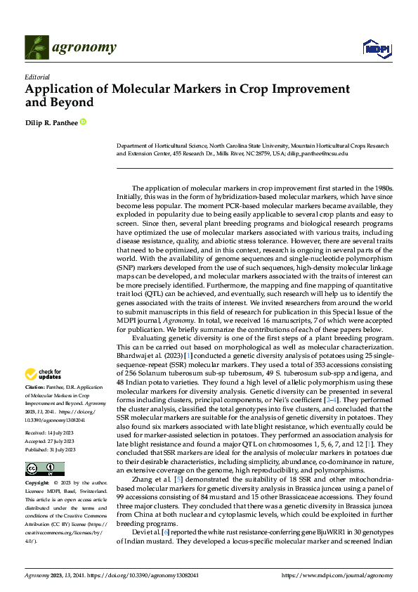 (PDF) Application of Molecular Markers in Crop Improvement and Beyond