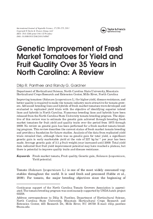 (PDF) Genetic Improvement of Fresh Market Tomatoes for Yield and Fruit ...