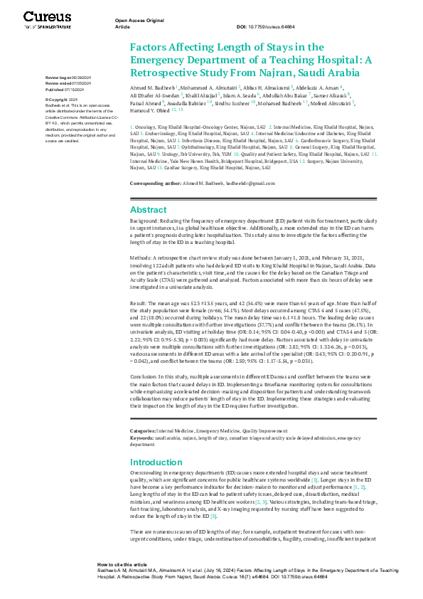 (PDF) Factors Affecting Length of Stays in the Emergency Department of ...