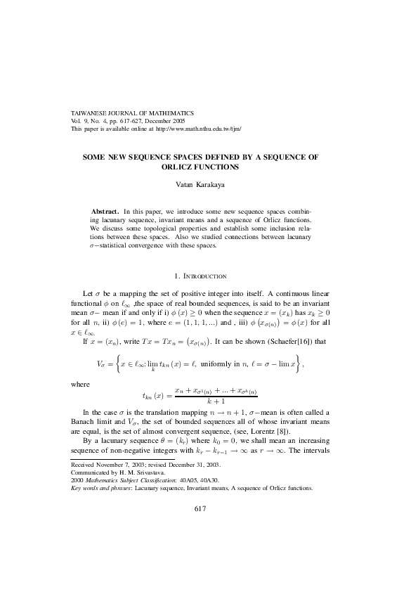 (PDF) Some New Sequence Spaces Defined by a Sequence of Orlicz ...