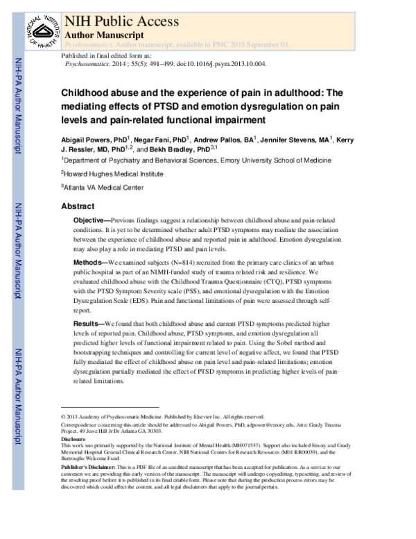 (PDF) Childhood Abuse and the Experience of Pain in Adulthood: The ...