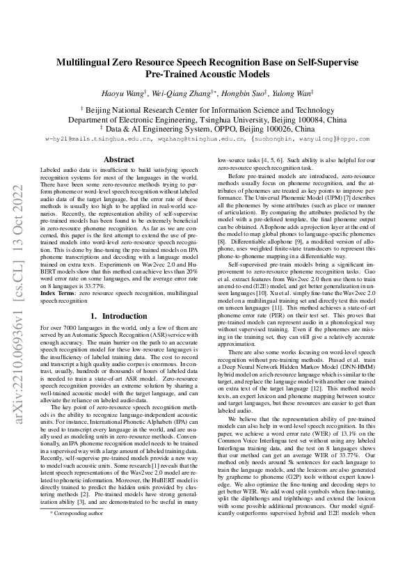 (PDF) Multilingual Zero Resource Speech Recognition Base on Self ...