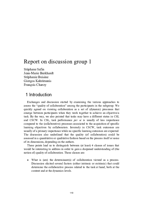 (PDF) Report on discussion group 1